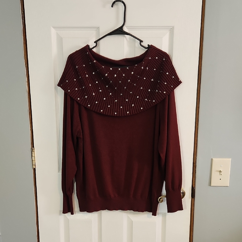 Burgundy Cowl Neck Sweater with Beaded Details